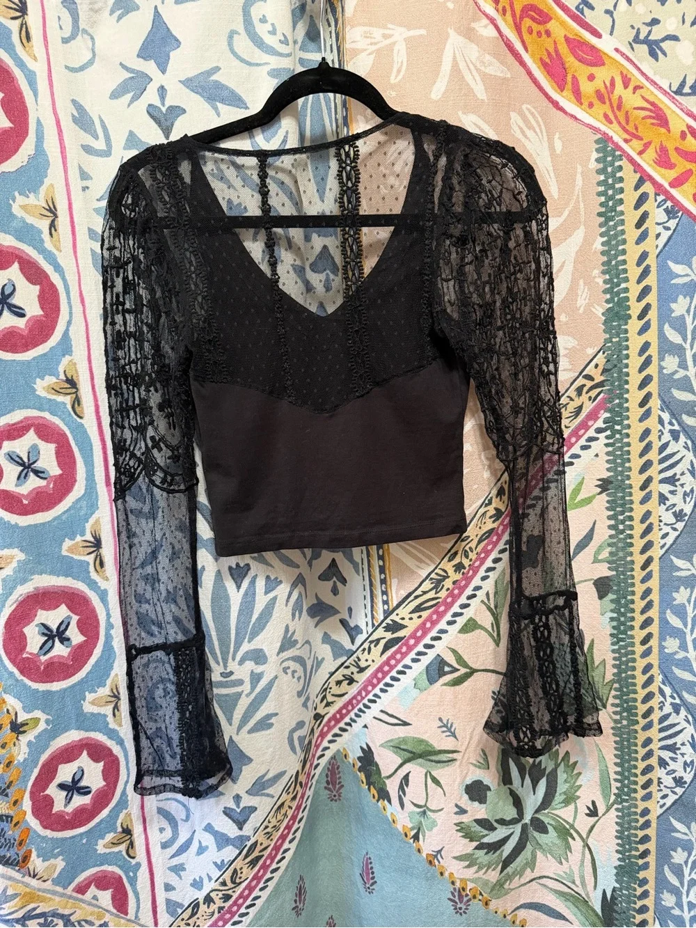 Sheer Lace Sleeve V-Neck Crop Top - Black